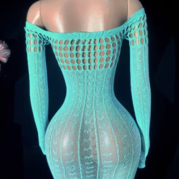 Light Blue Heart Pattern Fishnet Crop Bodycon Dress Cover Up - Picture 3 of 7